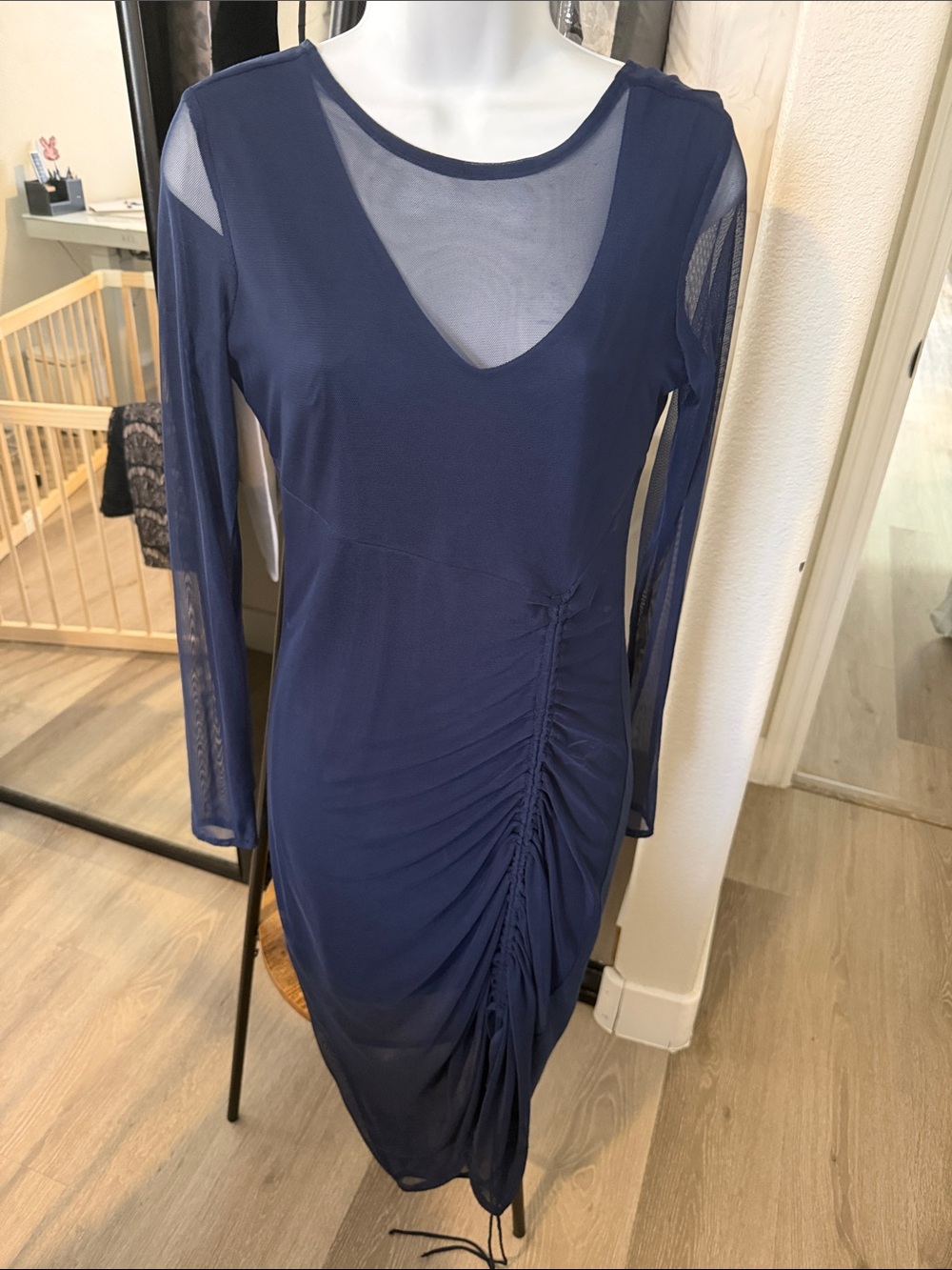 Bebe Navy Long-Sleeve Ruched Mesh Dress